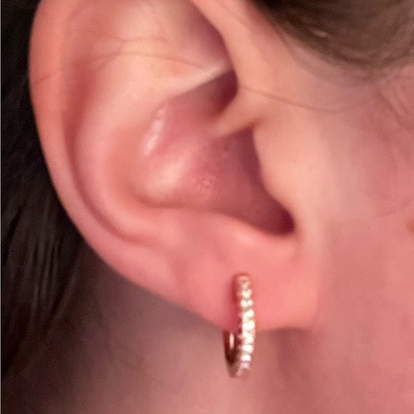 Rose Gold Diamond Huggie Hoop Earrings - Picture 2 of 6